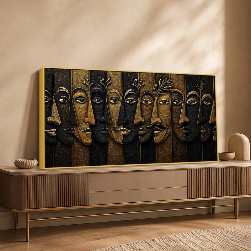 Abstract Golden Faces Black & Gold Metallic Look 3D Canvas Wall Painting