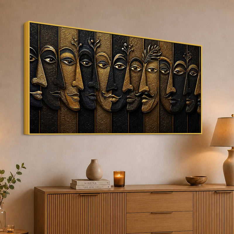 Abstract Golden Faces Black & Gold Metallic Look 3D Canvas Wall Painting