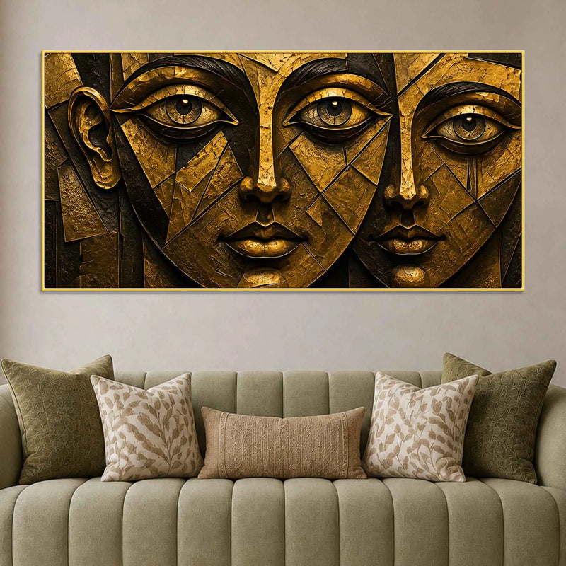 Abstract Golden Geometric Faces Metallic Look 3D Canvas Wall Painting