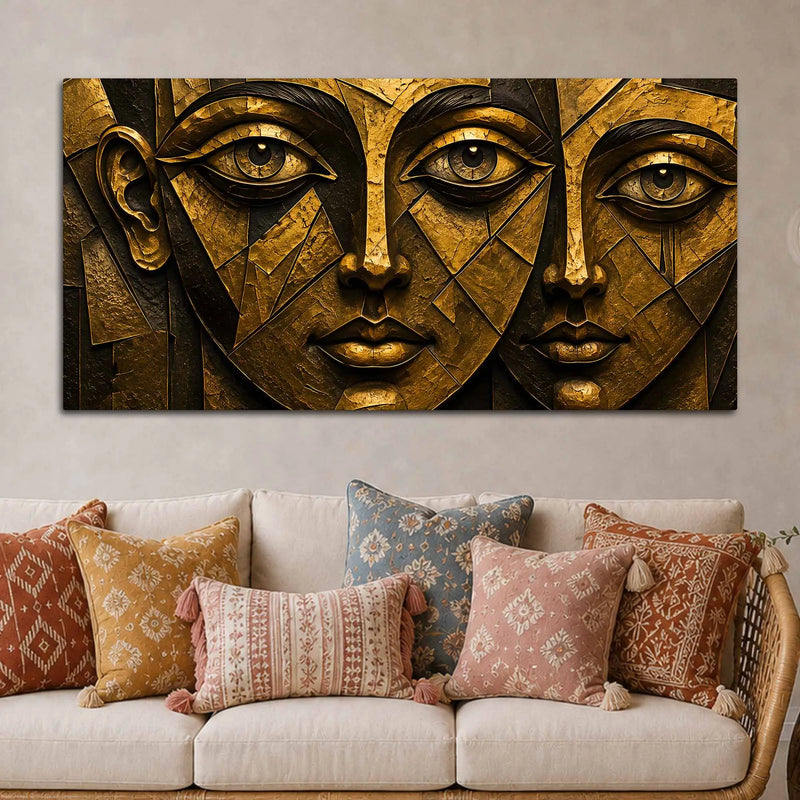 Abstract Golden Geometric Faces Metallic Look 3D Canvas Wall Painting