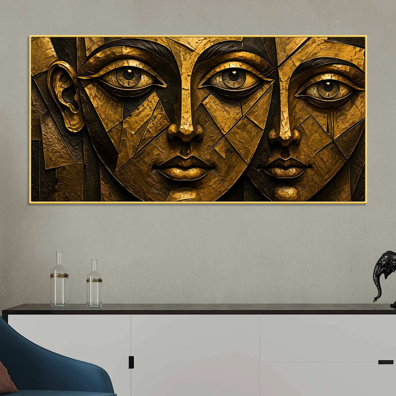 Abstract Golden Geometric Faces Metallic Look 3D Canvas Wall Painting