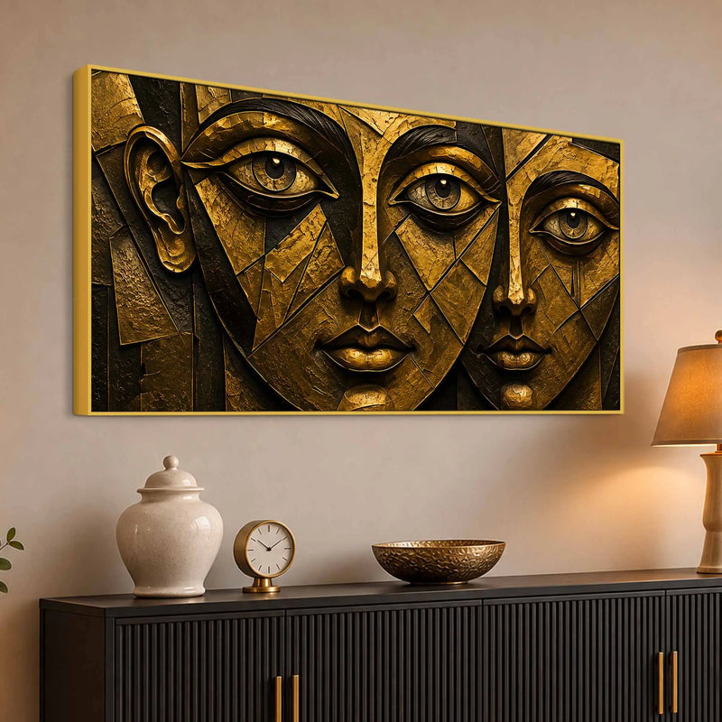 Abstract Golden Geometric Faces Metallic Look 3D Canvas Wall Painting