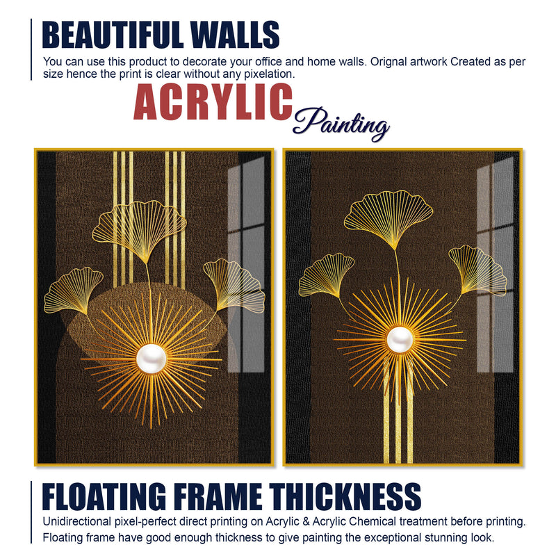 Abstract Golden Ginkgo Leaf Acrylic Art Floating Wall Painting Set of 2