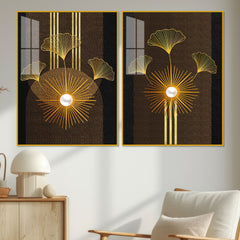 Abstract Golden Ginkgo Leaf Acrylic Art Floating Wall Painting Set of 2
