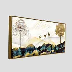 Abstract Golden Landscape Trees with Golden Deer Canvas Wall Painting