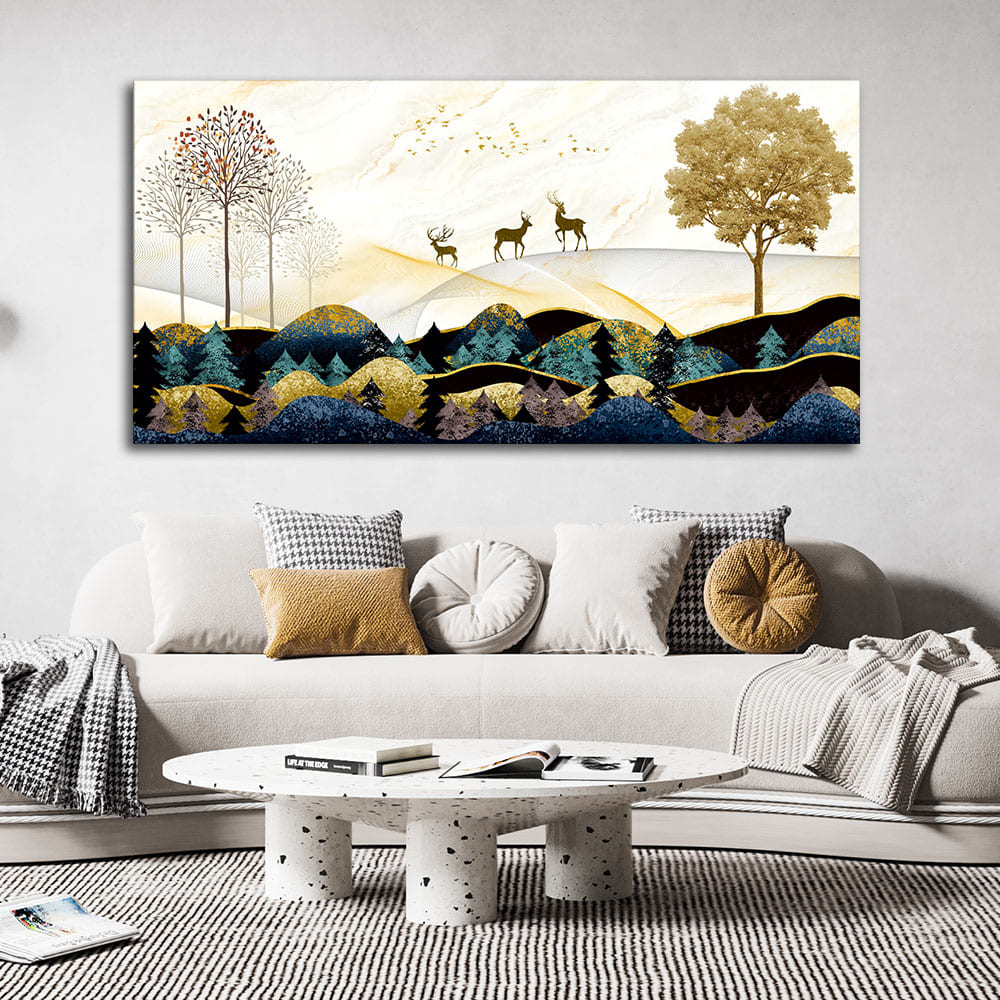 Abstract Golden Landscape Trees with Golden Deer Canvas Wall Painting