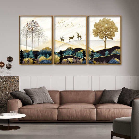 Abstract Golden Landscape Trees with Golden Deer Floating Canvas Wall Painting Set of Three