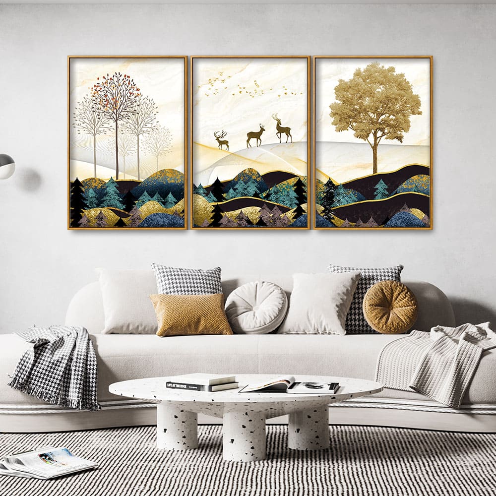 Abstract Golden Landscape Trees with Golden Deer Floating Canvas Wall Painting Set of Three