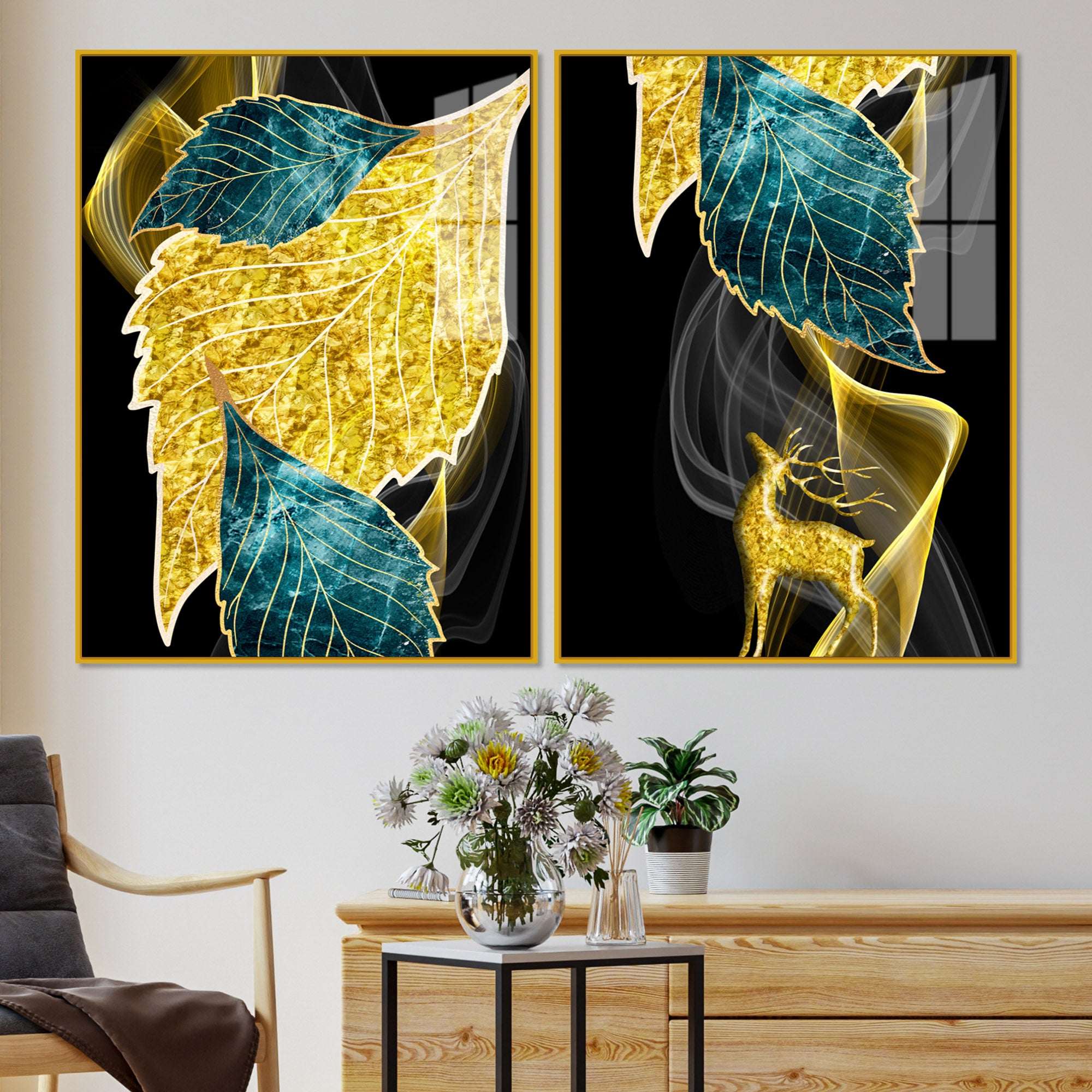 Abstract Golden Leaves Feathers Acrylic Floating Wall Painting Set Of 2