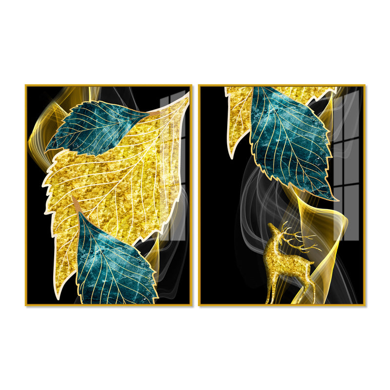 Abstract Golden Leaves Feathers Acrylic Floating Wall Painting Set Of 2