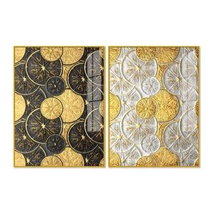 Abstract Golden Shapes Art Acrylic Floating Wall Painting Set Of 2