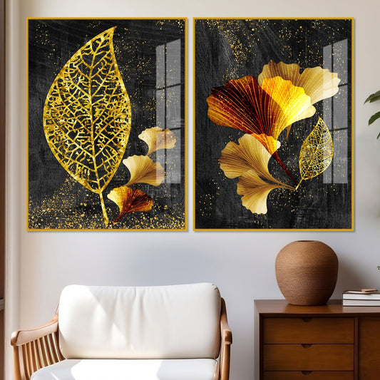 Abstract Golden Shiny Ginkgo Leaf Acrylic Floating Wall Painting Set Of 2