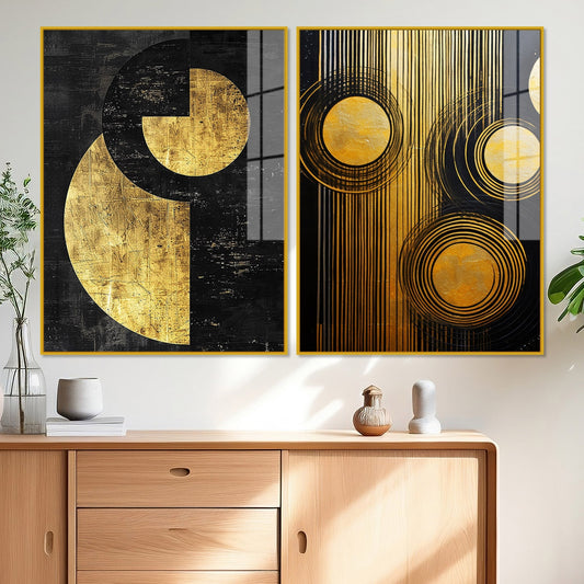 Abstract Golden Textured Line Art Acrylic Floating Wall Painting Set Of 2