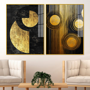 Abstract Golden Textured Line Art Acrylic Floating Wall Painting Set Of 2