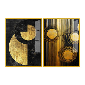 Abstract Golden Textured Line Art Acrylic Floating Wall Painting Set Of 2