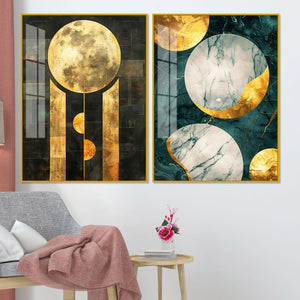 Abstract Golden Textured Shape Art Acrylic Floating Wall Painting Set Of 2