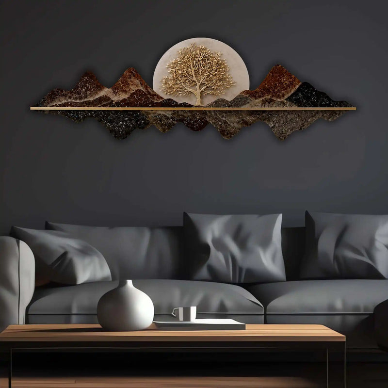 Golden Tree Mountain Reflection Premium Crystal Glass Backlit LED Painting