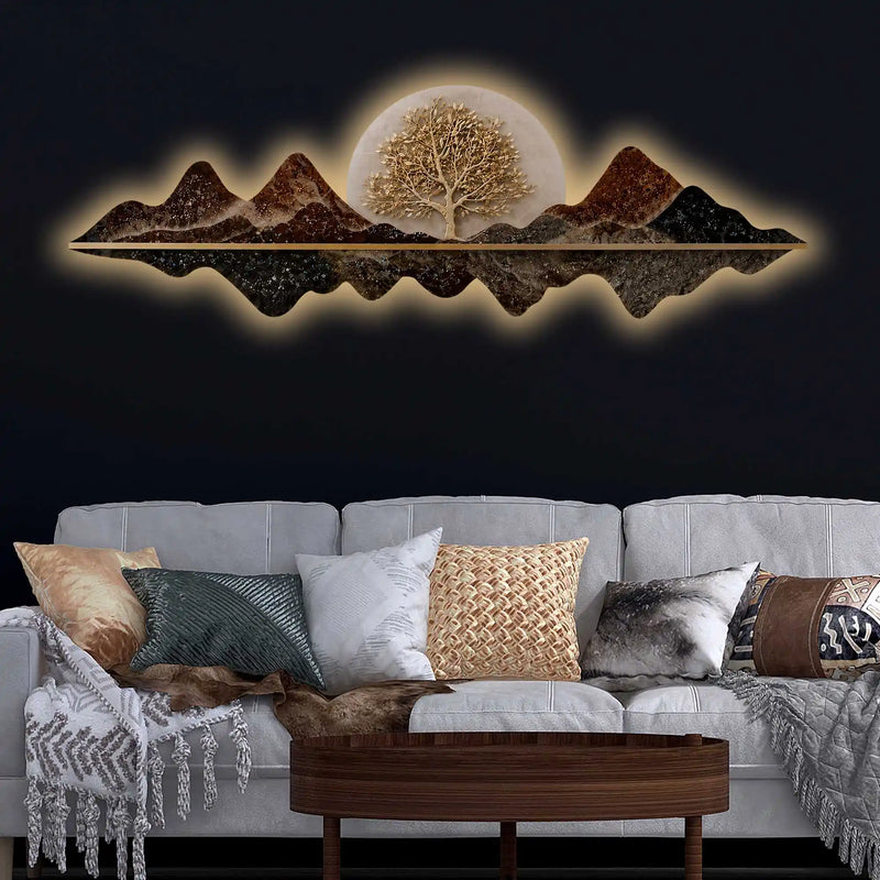 Golden Tree Mountain Reflection Premium Crystal Glass Backlit LED Painting
