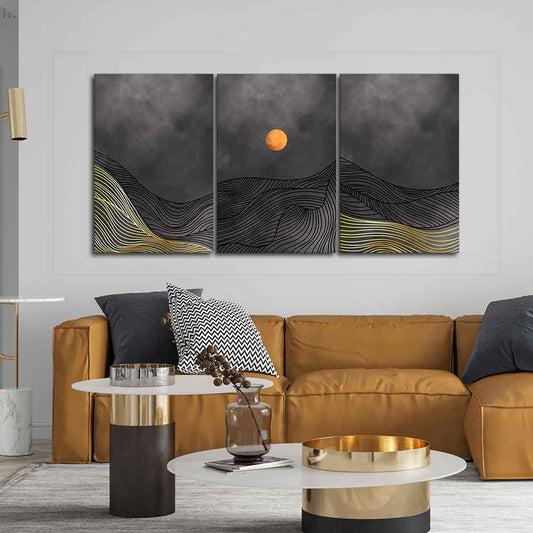 Abstract Line Art Sunset Three Pieces Wall Painting