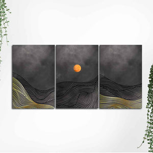 Abstract Line Art Sunset Three Pieces Wall Painting