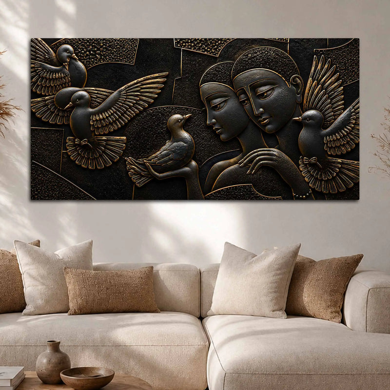 Abstract Love Couple with Flying Birds Metallic Look 3D Canvas Wall Painting