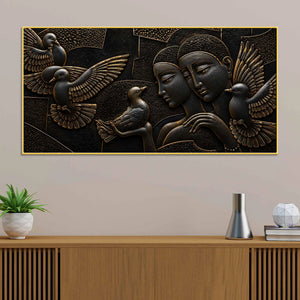 Abstract Love Couple with Flying Birds Metallic Look 3D Canvas Wall Painting