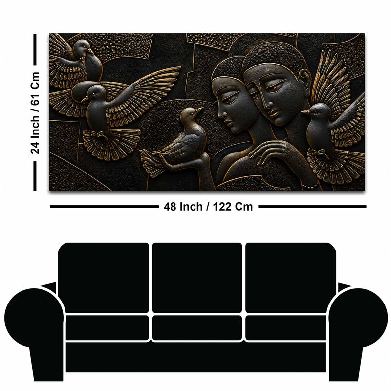 Abstract Love Couple with Flying Birds Metallic Look 3D Canvas Wall Painting
