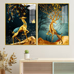 Abstract Luxury Golden Deer Acrylic Art Floating Wall Painting Set Of 2
