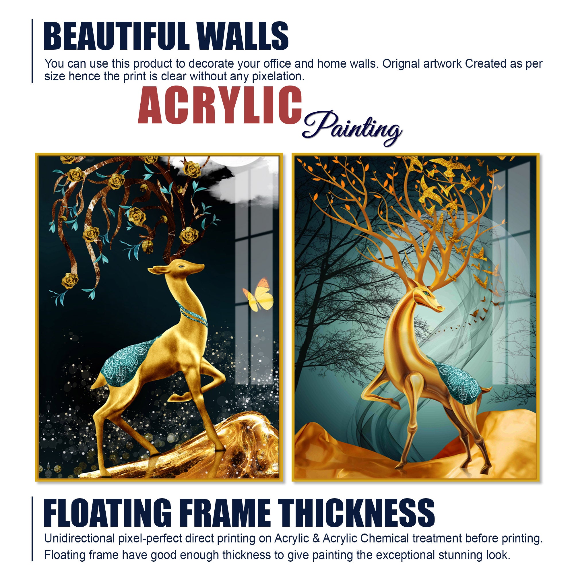 Abstract Luxury Golden Deer Acrylic Art Floating Wall Painting Set Of 2
