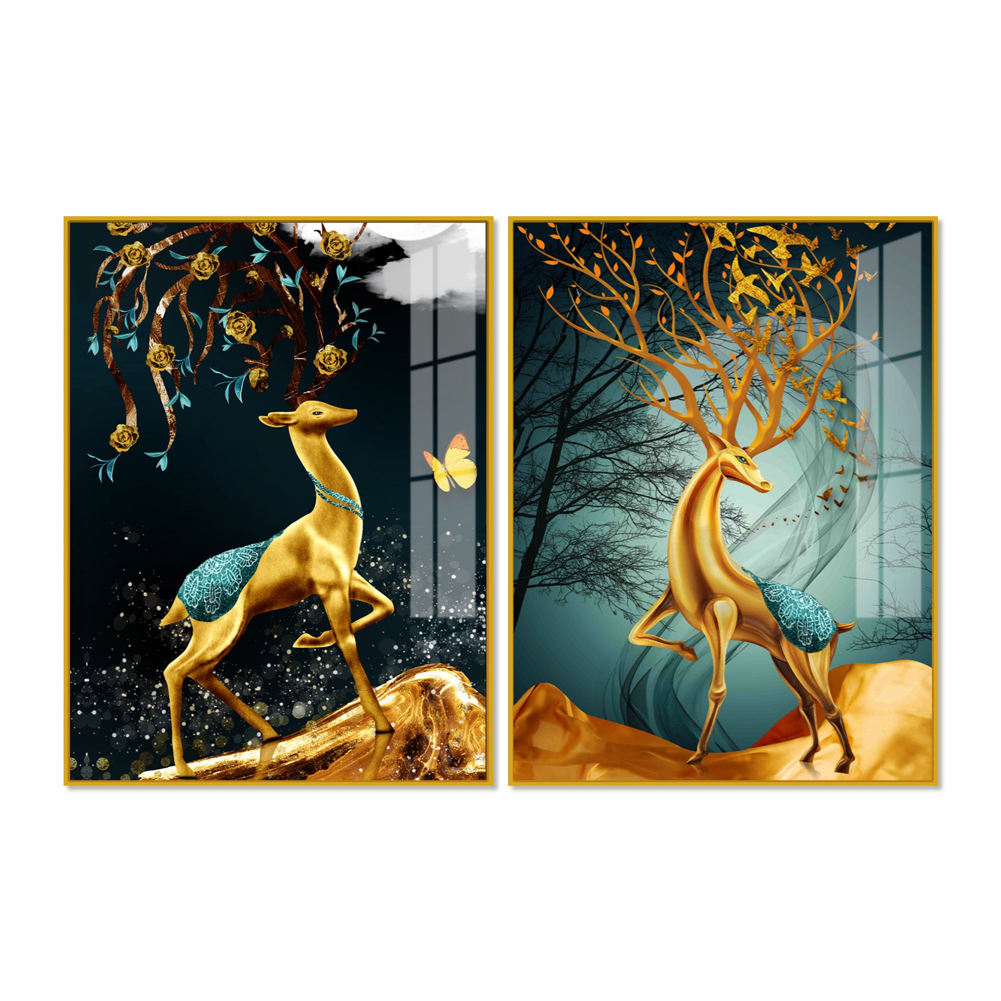 Abstract Luxury Golden Deer Acrylic Art Floating Wall Painting Set Of 2