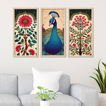 Abstract Modern Floral Peacock Art Wooden Wall Frame Set of Three