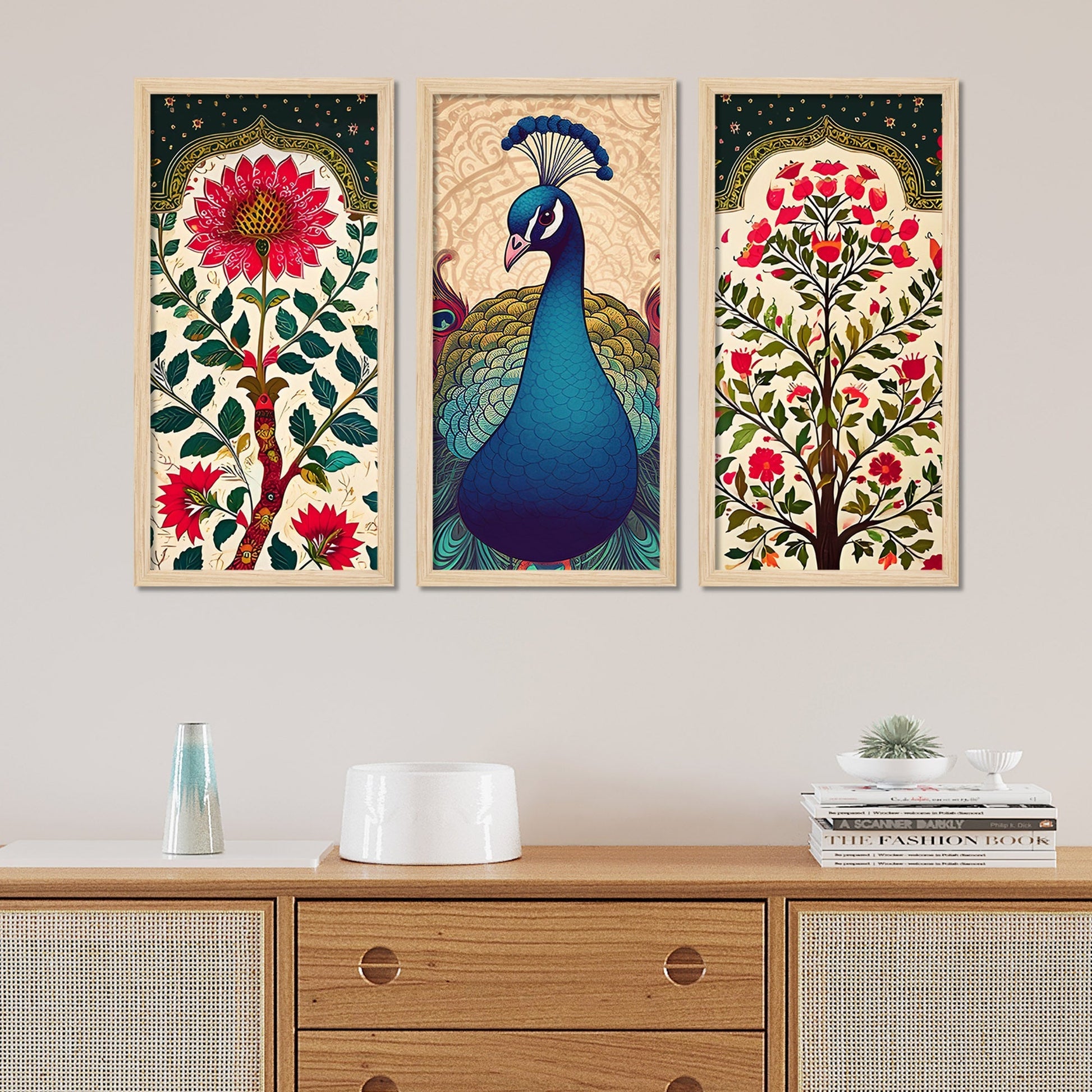 Abstract Modern Floral Peacock Art Wooden Wall Frame Set of Three