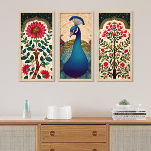 Abstract Modern Floral Peacock Art Wooden Wall Frame Set of Three