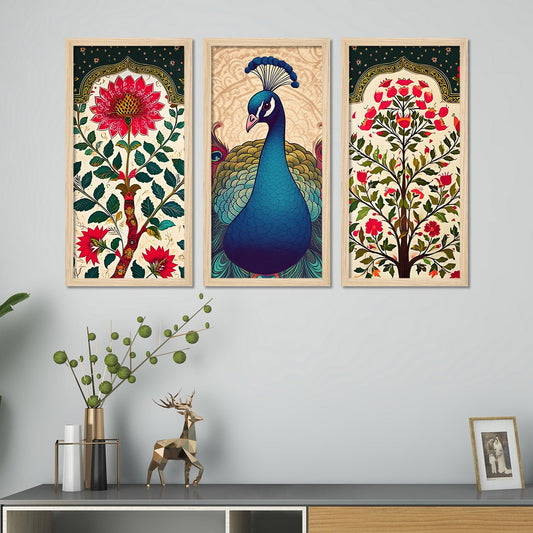 Abstract Modern Floral Peacock Art Wooden Wall Frame Set of Three