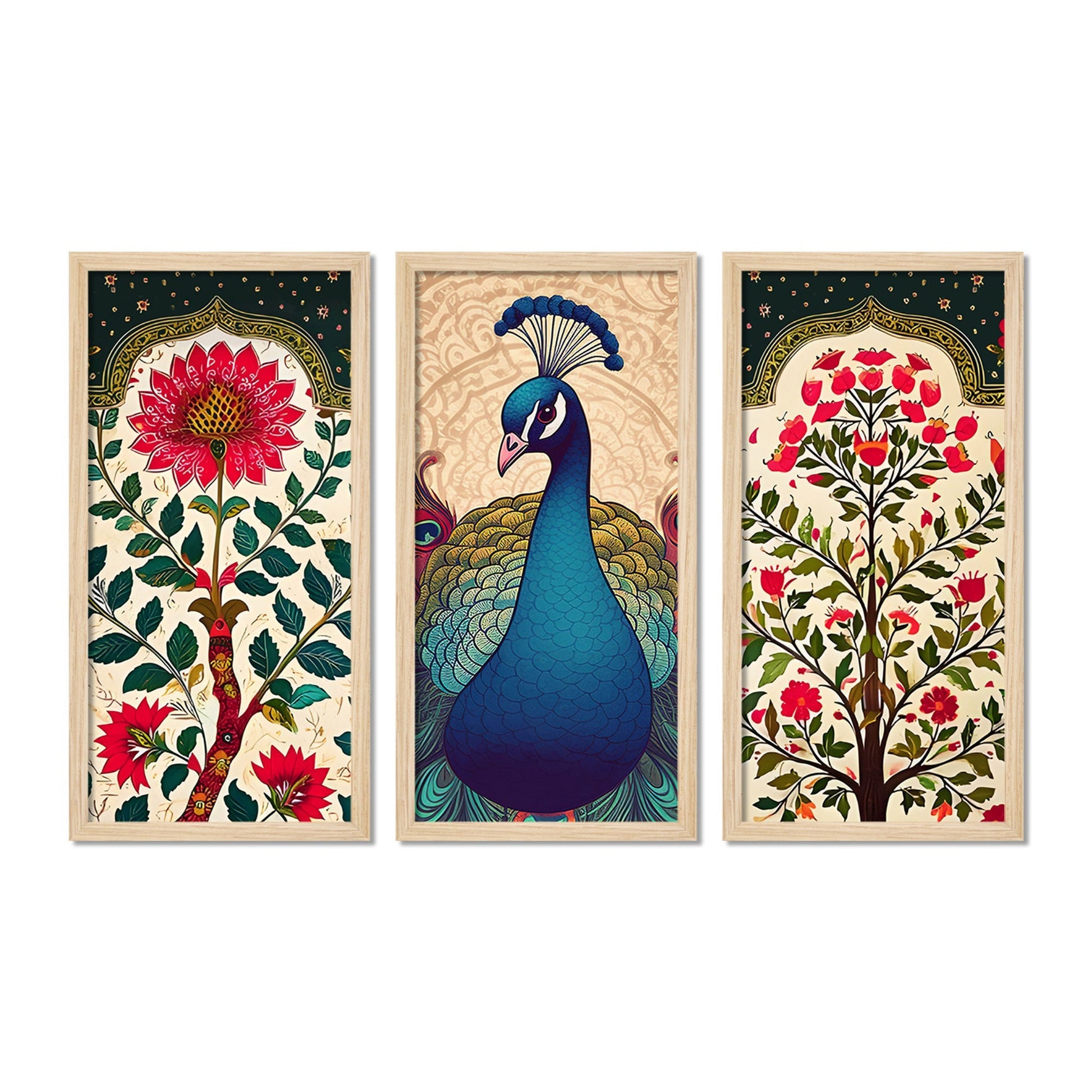 Abstract Modern Floral Peacock Art Wooden Wall Frame Set of Three