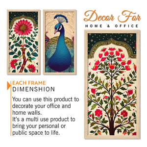 Abstract Modern Floral Peacock Art Wooden Wall Frame Set of Three