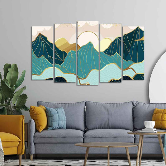 Abstract Mountains with Sunrise Background 5 Pieces Canvas Wall Painting