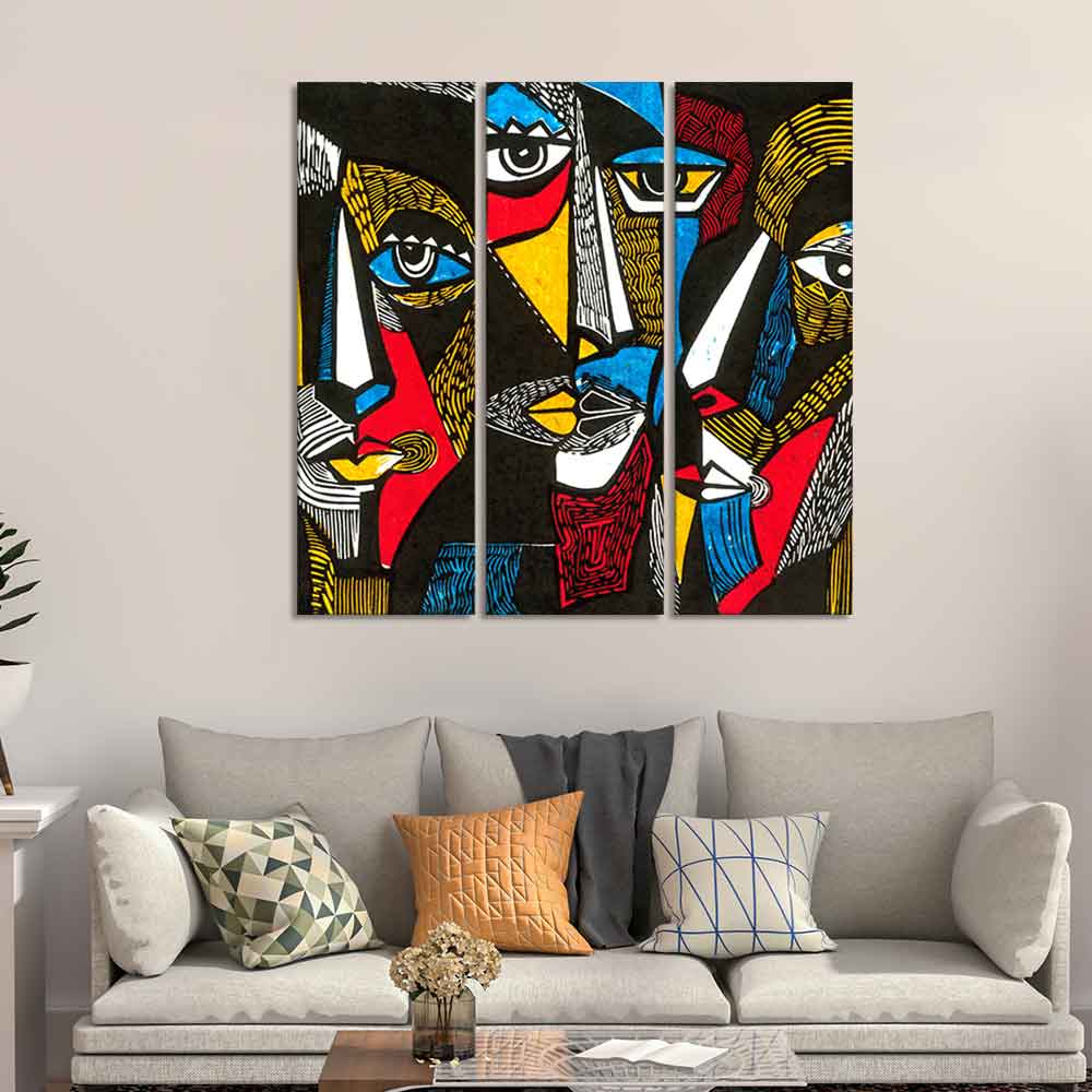 Abstract Pattern Faces Canvas Wall Painting Set of 3 Pieces