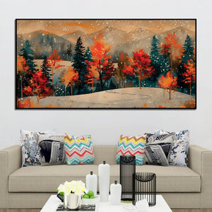 Abstract Snowy Scenic Fall Forest Canvas Painting for Home Decoration