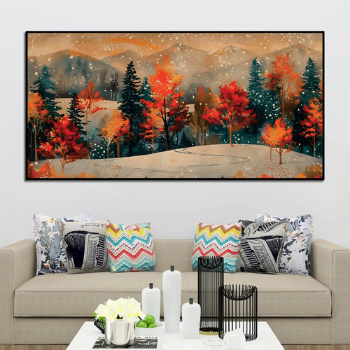 Abstract Snowy Scenic Fall Forest Canvas Painting for Home Decoration