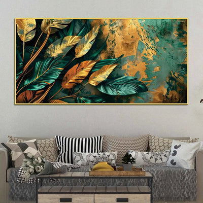 abstract-teal-gold-leaves-canvas-wall-painting
