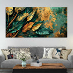 Abstract Teal & Gold Leaves Canvas Wall Painting