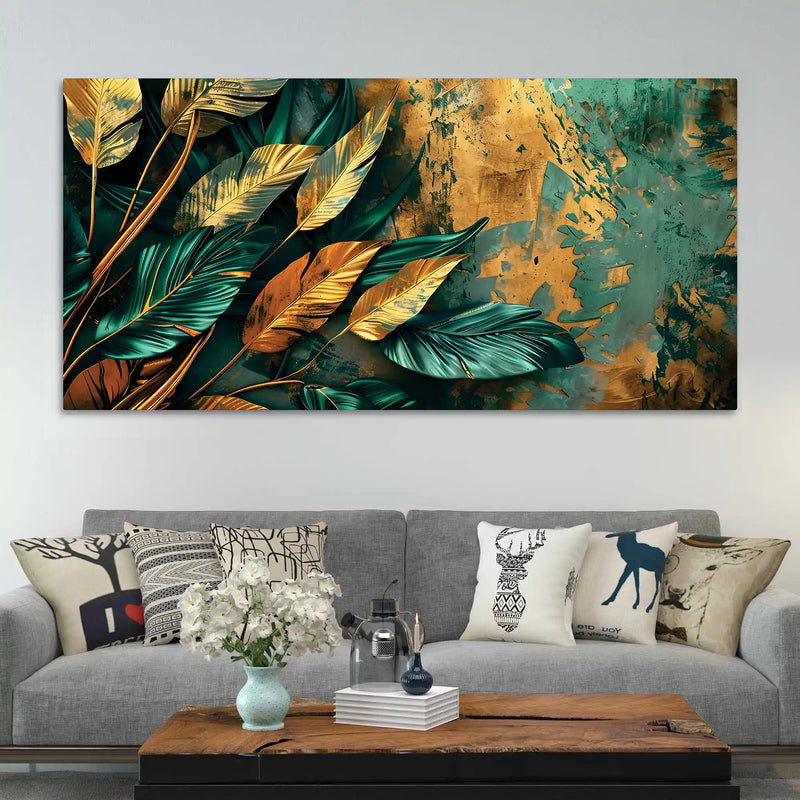 Abstract Teal & Gold Leaves Canvas Wall Painting