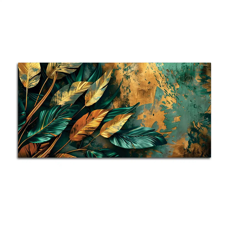 Abstract Teal & Gold Leaves Canvas Wall Painting