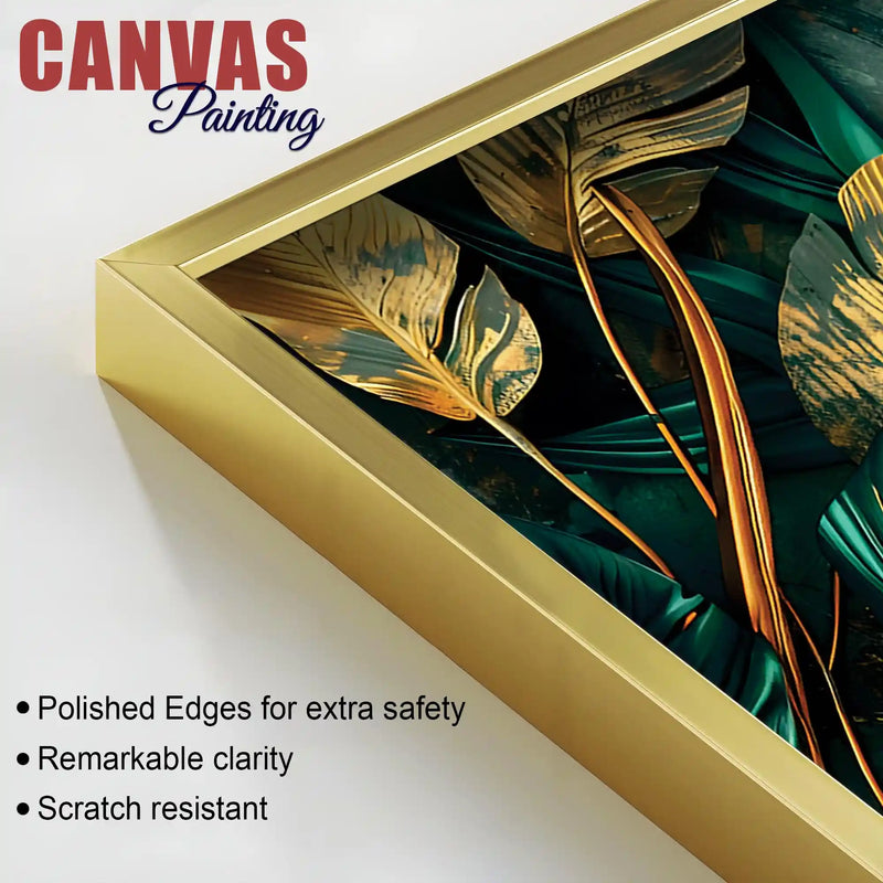 Abstract Teal & Gold Leaves Canvas Wall Painting