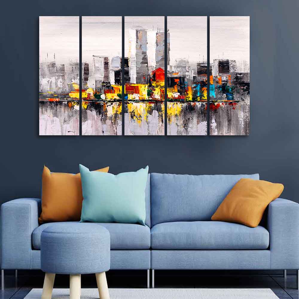 Abstract Wall Painting of A New York City Skyline Five Pieces