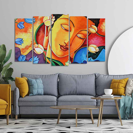 Abstract Wall Painting of Lord Spiritual Buddha Set of Five Pieces