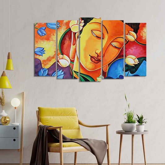 Abstract Wall Painting of Lord Spiritual Buddha Set of Five Pieces