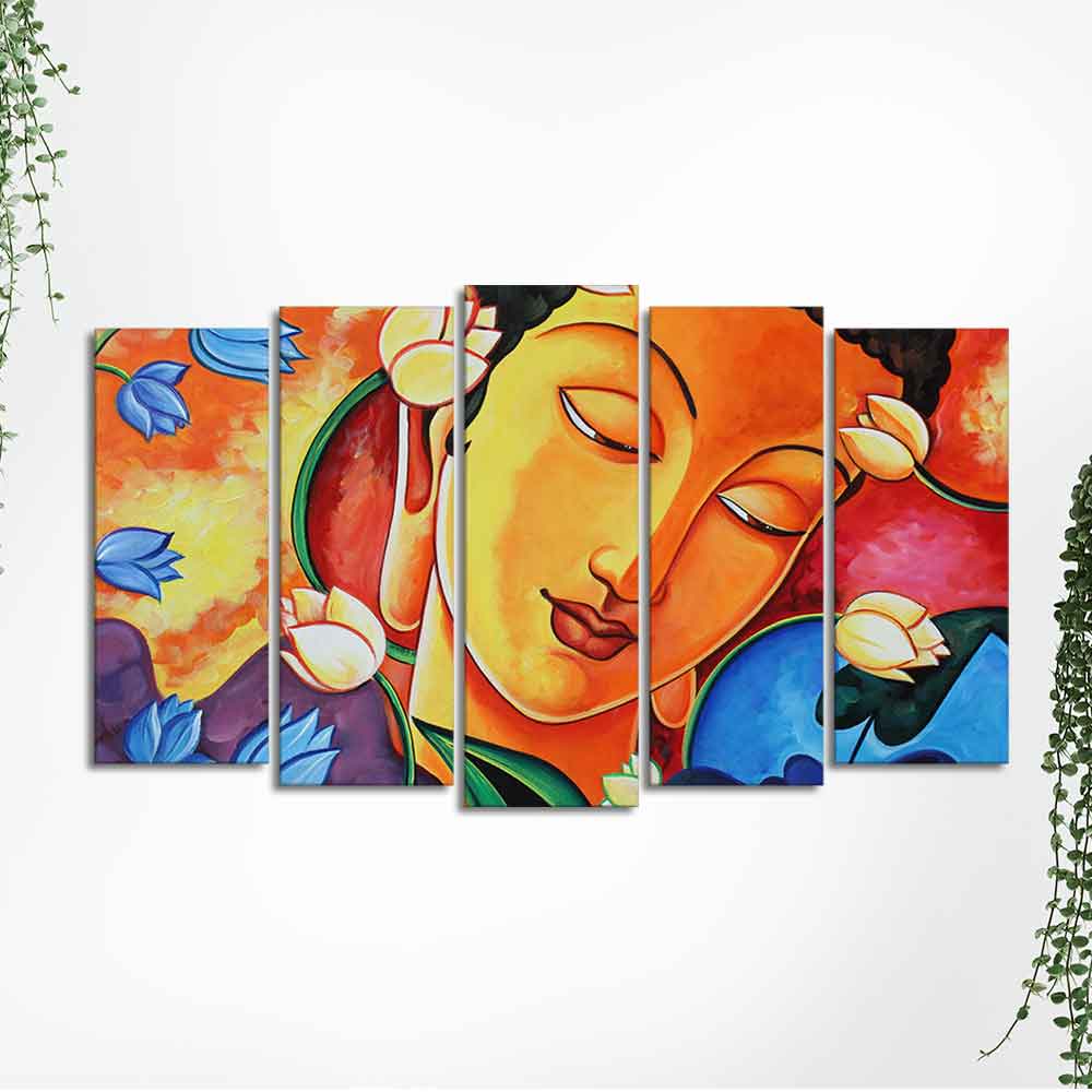 Abstract Wall Painting of Lord Spiritual Buddha Set of Five Pieces