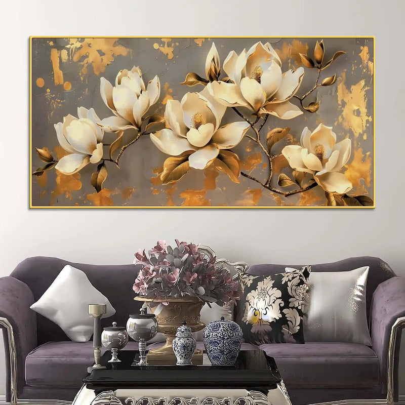 Abstract White Magnolia Floral Canvas Painting for Modern Home Decoration